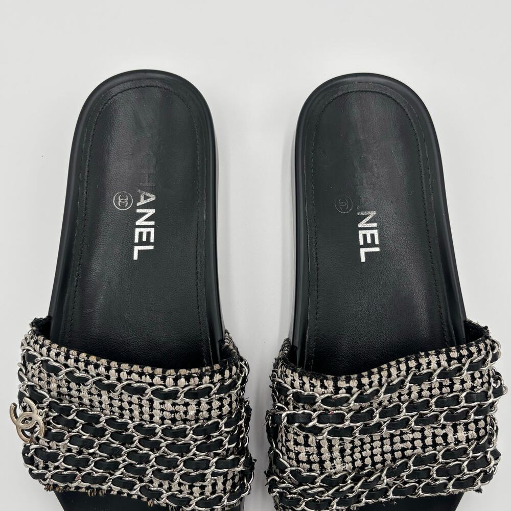 Chanel CC Chain Slide Sandals Flat Canvas Slip On Shoes Black Tweed Size 38 - Picture 5 of 14
